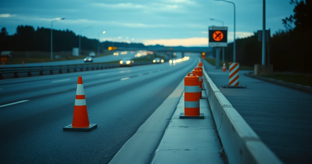 Área de fiscalização à beira de rodovia ao entardecer, com cones e barreira
