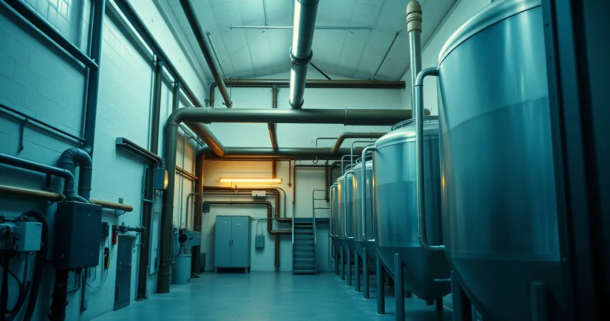 Interior de planta industrial com tanques de aço inoxidável e tubulação