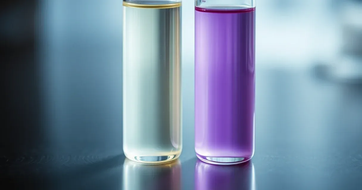 Dois tubos de ensaio lado a lado, um com líquido incolor e outro com líquido violeta