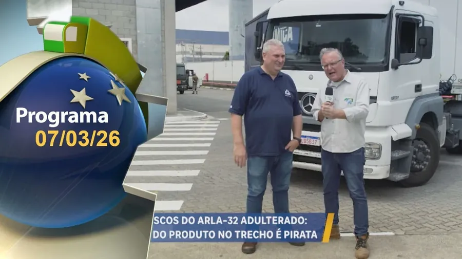 Reportagem do programa Brasil Caminhoneiro sobre os riscos do Arla 32 adulterado, gravada em pátio de transportadora