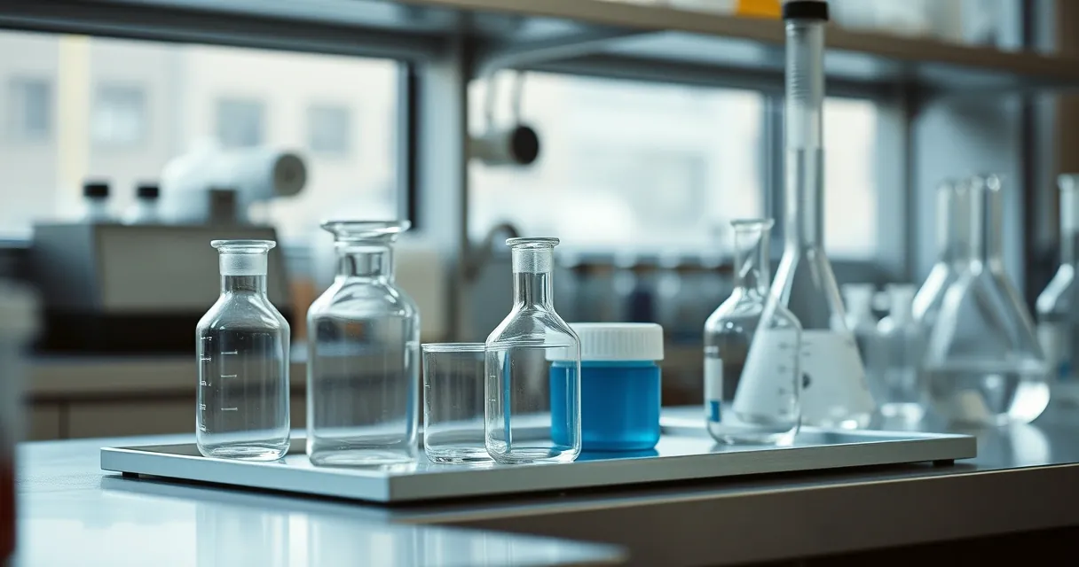 Vidraria de laboratório sobre bancada, uma delas com líquido azul